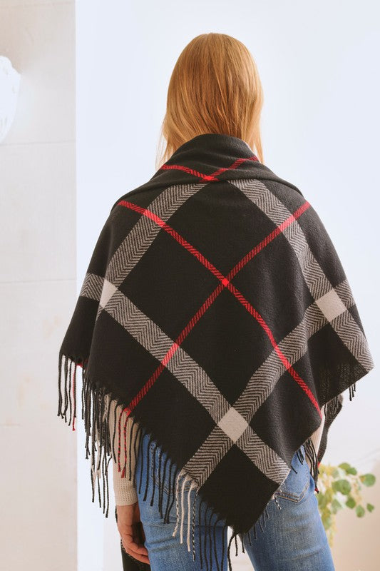 PLAID SQUARE FRINGE SHAWL SCARF