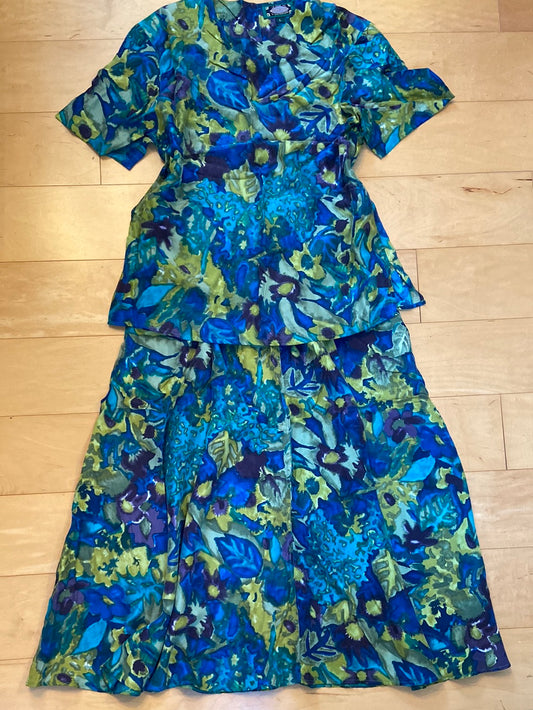 SILK SET La Chine Blue Print Dress Size L